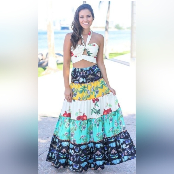 L'Atiste by Amy Women’s Colorful Floral Butterfly Maxi Tiered Skirt Size M - Picture 1 of 9